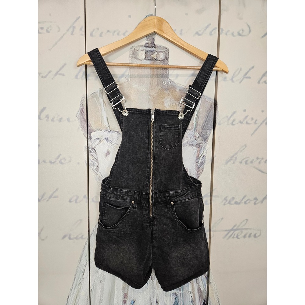 Hot Topic Black Denim Zip Front Shortalls Overalls‎ XS Goth Grunge Witchy